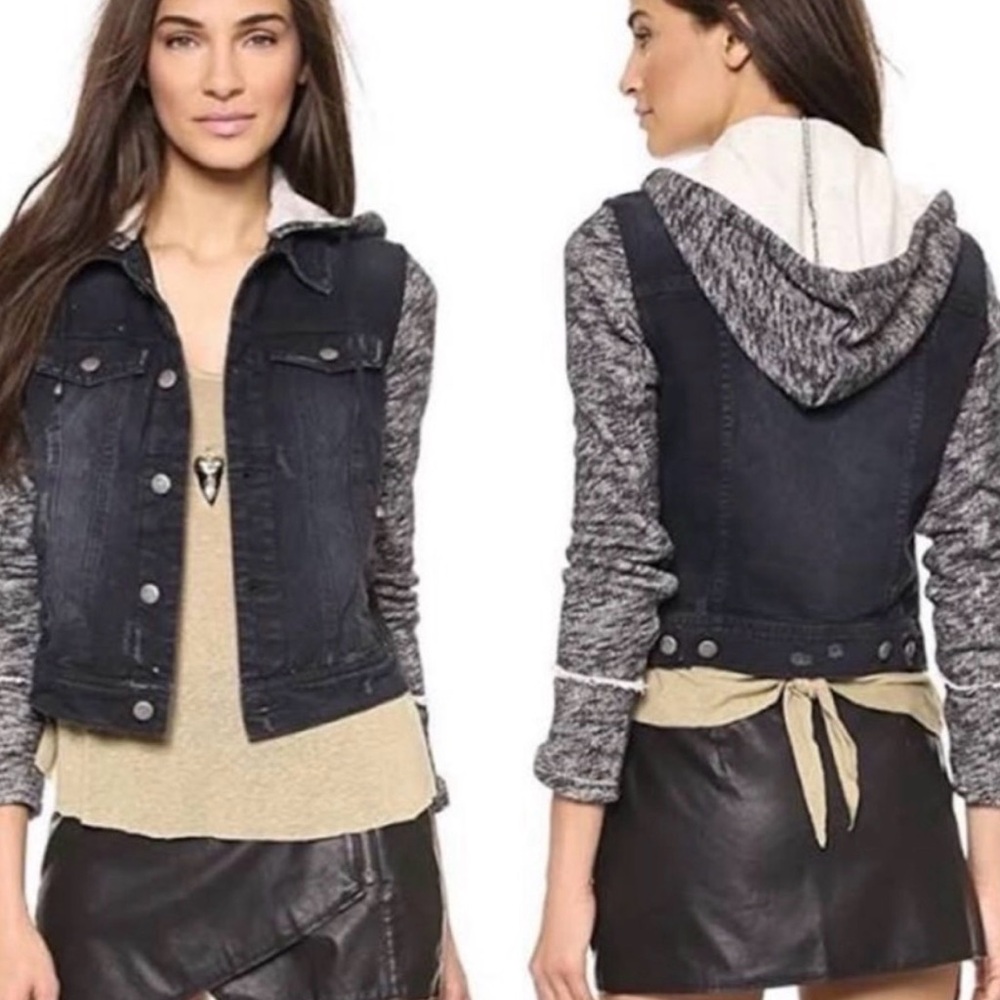 Free People Black Denim Jacket with Gray Knit Sleeves
